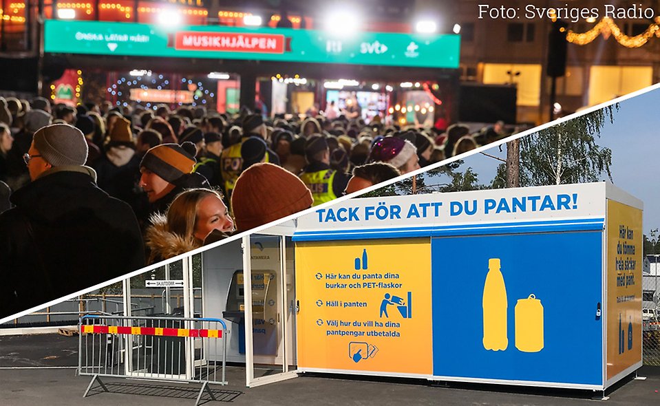Människosamling på ett torg och en gulblå pantmaskin i delad bild.
